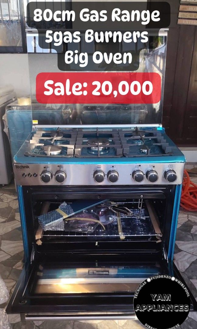80cm GAS RANGE WITH BIG OVEN (Category: Cookers) located in Caloocan City. Submitted by yam_appliances (Listing ID 1438713144, Image 1). Description: 80cm gas range rotisserie big oven 5gas burners gas oven gas Grill Tecnogas Brand brandnew mallpullout with 1yr. warranty COD Payment.