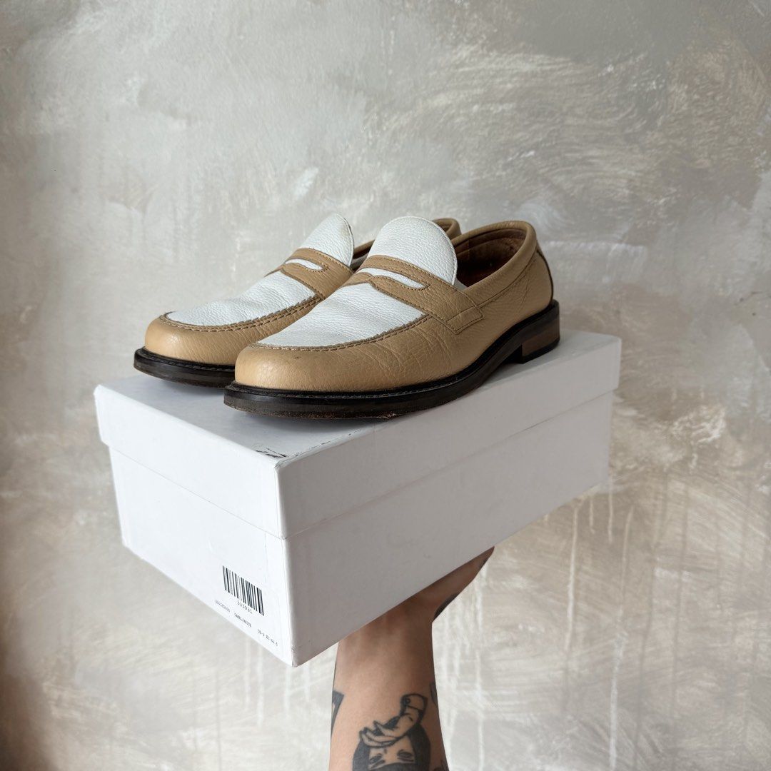 Aimé Leon Dore Penny Loafers (Category: Dress Shoes) located in Taguig. Submitted by apartment.twentyseven (Listing ID 1438725301, Image 2). Description: Aimé Leon Dore Penny Loafers in Camel White Beige Size: US 9 / EUR 42.5 Condition: (well used) complete with box, dust bag and two pennies with small dust bag. Price: ₱6,000 only. .
