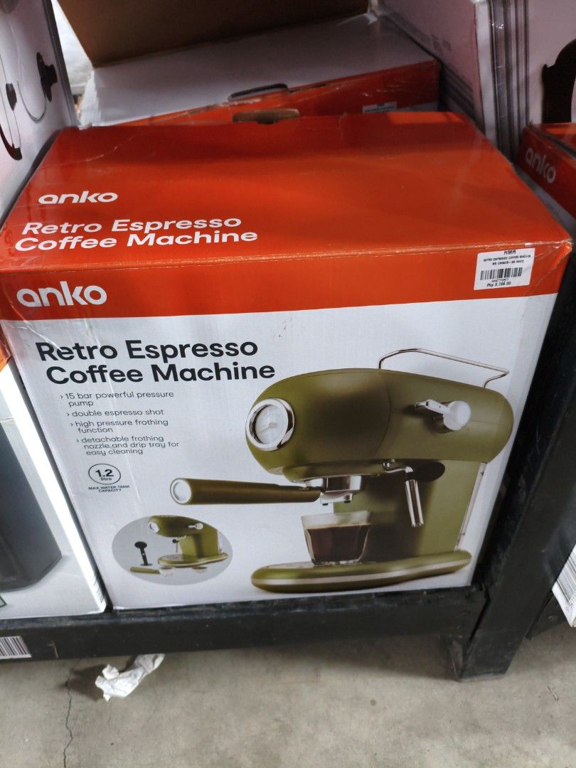 Anko Retro Espresso Coffee Machine (Category: Coffee Machines & Makers) located in Manila. Submitted by hmrgrace5. (Listing ID 1438723515, Image 1). Description: - 15-bar powerful pressure pump for rich espresso - Brew double espresso shots - High-pressure frothing function for lattes and cappuccinos - Detachable frothing nozzle and drip tray for easy cleaning - 1.2L water tank capacity.