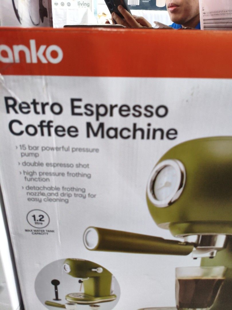 Anko Retro Espresso Coffee Machine (Category: Coffee Machines & Makers) located in Manila. Submitted by hmrgrace5. (Listing ID 1438723515, Image 3). Description: - 15-bar powerful pressure pump for rich espresso - Brew double espresso shots - High-pressure frothing function for lattes and cappuccinos - Detachable frothing nozzle and drip tray for easy cleaning - 1.2L water tank capacity.