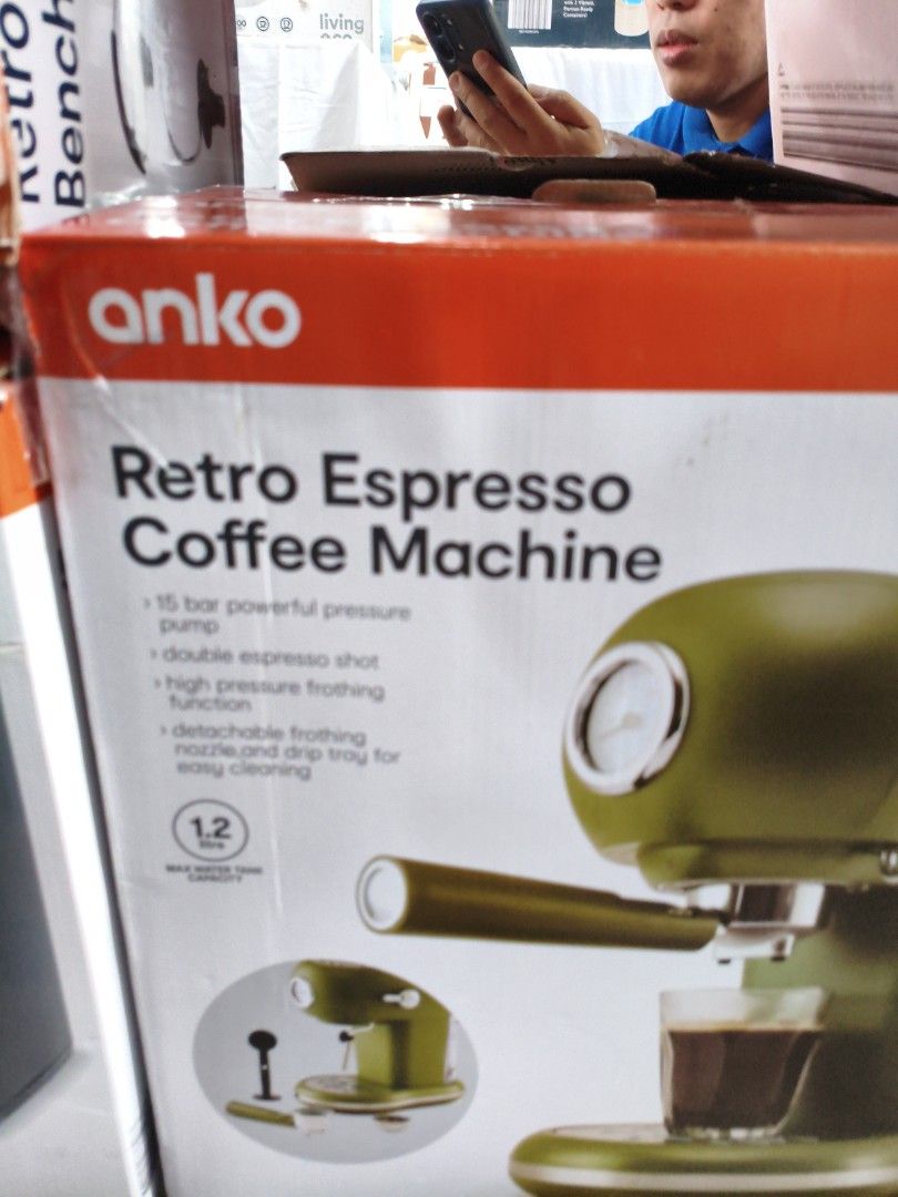 Anko Retro Espresso Coffee Machine (Category: Coffee Machines & Makers) located in Manila. Submitted by hmrgrace5. (Listing ID 1438723515, Image 2). Description: - 15-bar powerful pressure pump for rich espresso - Brew double espresso shots - High-pressure frothing function for lattes and cappuccinos - Detachable frothing nozzle and drip tray for easy cleaning - 1.2L water tank capacity.