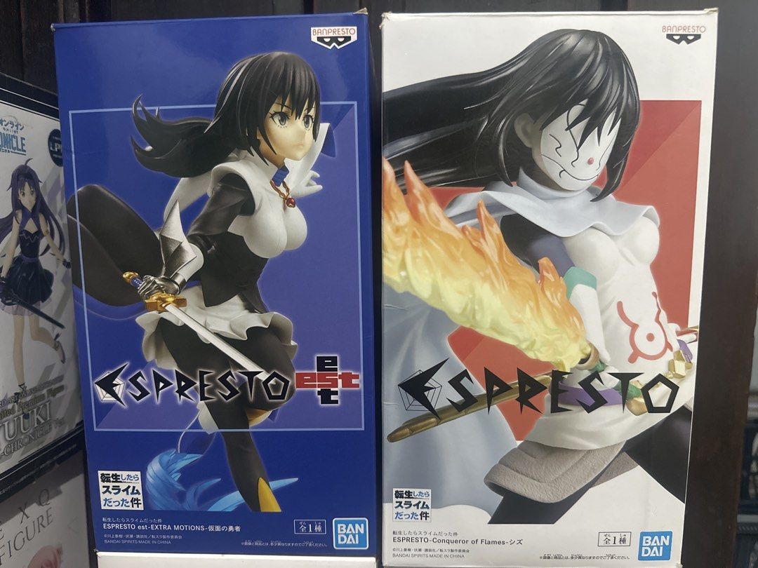 Banpresto ESPRESTO Figure Set (Category: Toys & Games) located in Pasay City. Submitted by otaku_shop_by_nanami.chan (Listing ID 1438843211, Image 1). Description: PM lng po - Shizue Izawa Blue box = 900 - Shizue Izawa white box = 900 issue glued handle sword -Condition BIB - Two Banpresto ESPRESTO anime figures for sale. - Figures are in original boxes. - Figure 1: Character with a sword and blue accents. - Figure 2: Character with a flaming swo