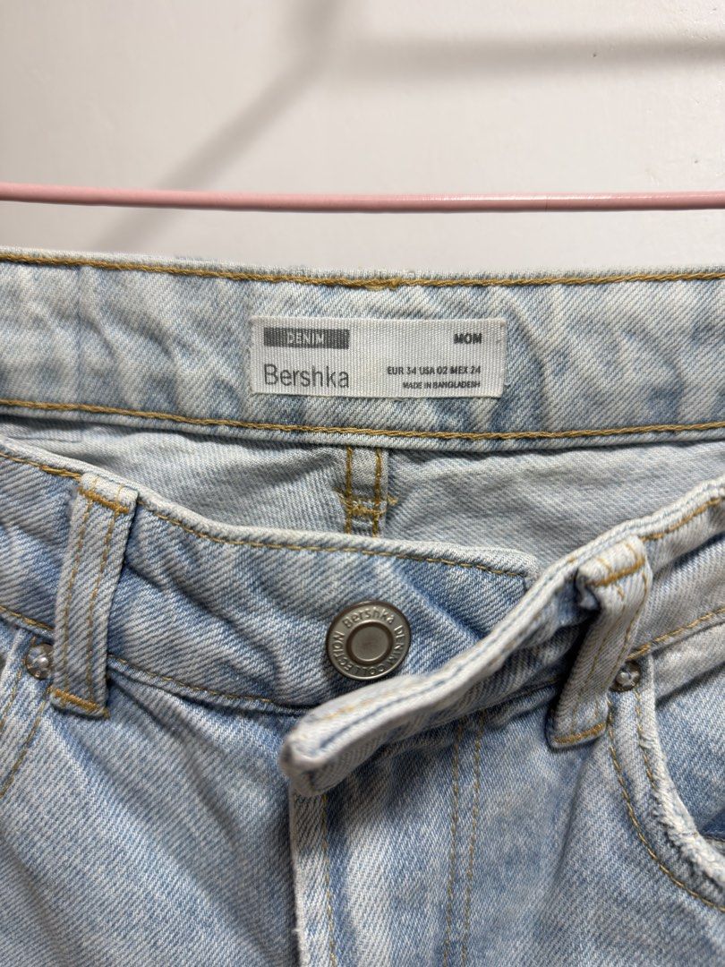 Bershka High Waisted Mom Jeans (Category: Jeans) located in Bacolod City. Submitted by spacebuns_12 (Listing ID 1438809279, Image 3). Description: - Size: EU 34 / US 2 - Wash: light blue - Soft material and non stretchy - Please note none of the items are overruns - Has a small scratch on the back but not really noticeable (see last photo) - Location: Bacolod City.