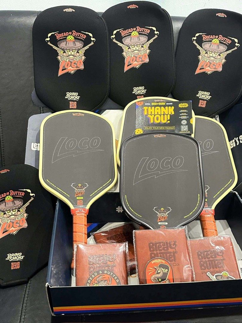 BREAD AND BUTTER LOCO PADDLE (Category: Racket and Ball Sports) located in Bulacan. Submitted by parapapa (Listing ID 1438766809, Image 2). Description: Bread & Butter Loco Paddle (Elongated / Hybrid) 16mm thick Gen 4 foam-core pickleball paddle featuring a T-700 raw carbon fiber face with a fiberglass layer for increased pop. Inclusion: 1 paddle, 1 overgip, 1 edge tape, paddle case, sticker, cup holder. Shipping via J&T wrap in bubble and place 