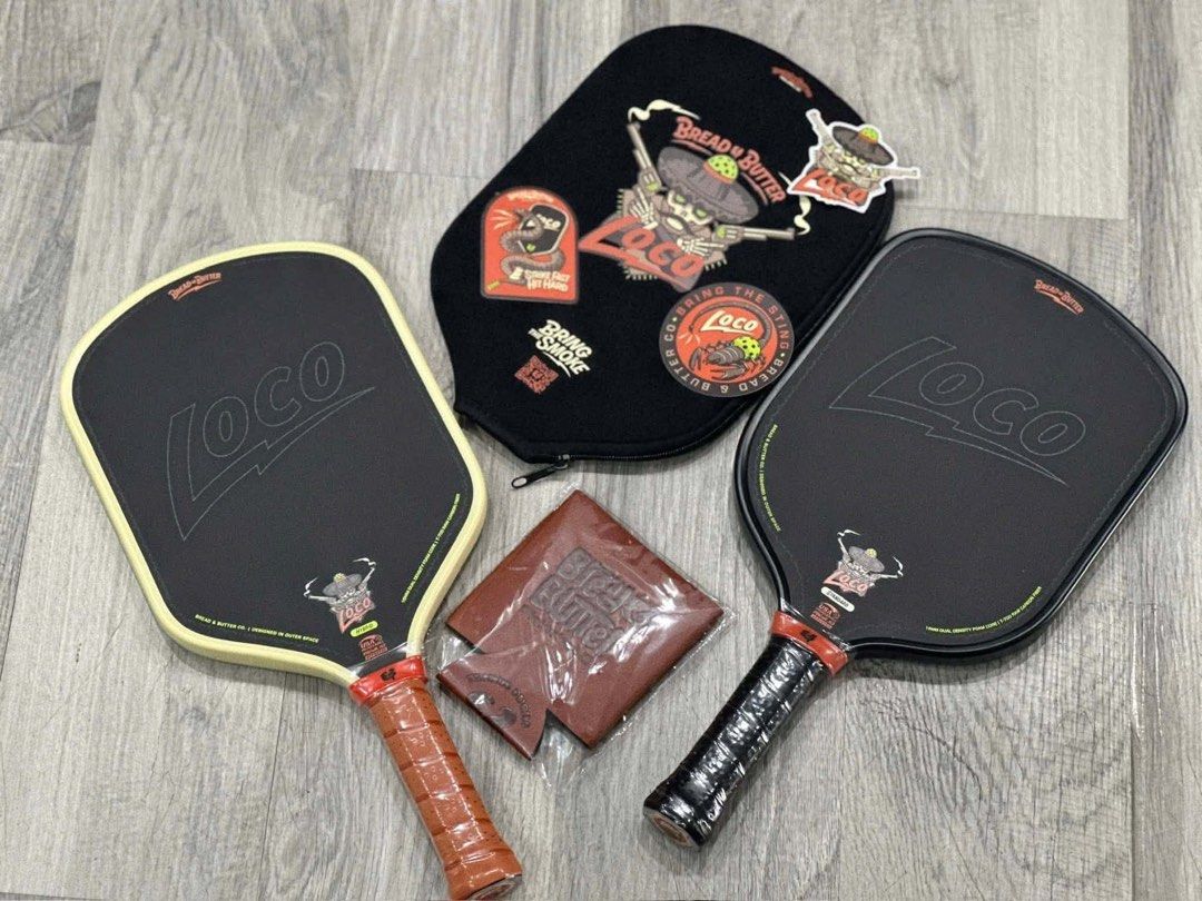 BREAD AND BUTTER LOCO PADDLE (Category: Racket and Ball Sports) located in Bulacan. Submitted by parapapa (Listing ID 1438766809, Image 3). Description: Bread & Butter Loco Paddle (Elongated / Hybrid) 16mm thick Gen 4 foam-core pickleball paddle featuring a T-700 raw carbon fiber face with a fiberglass layer for increased pop. Inclusion: 1 paddle, 1 overgip, 1 edge tape, paddle case, sticker, cup holder. Shipping via J&T wrap in bubble and place 