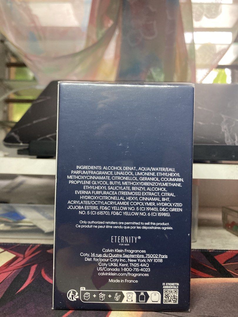 Calvin Klein Eternity for Men (Category: Fragrance & Deodorants) located in Iloilo. Submitted by __kyleeee__ (Listing ID 1438740497, Image 3). Description: - Eternity for Men by Calvin Klein - Authentic fragrance - Made in France - Contains: Alcohol denat, water, and fragrance components - Distributed by Coty - Includes information about authorized retailers and recycling symbols.