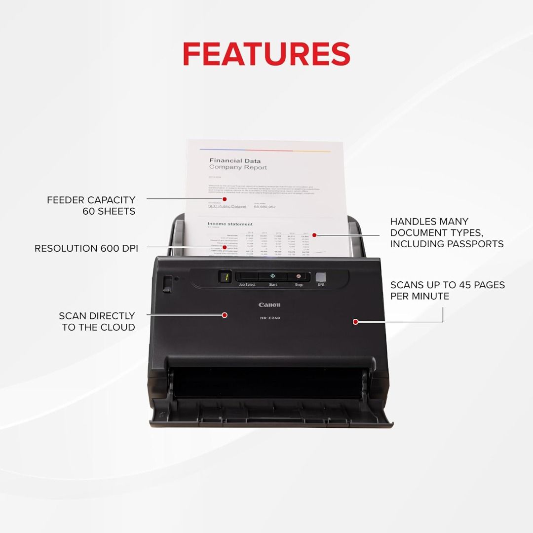 Canon DR-C240 Office Document Scanner Brand New (Category: Printers, Scanners & Copiers) located in Manila. Submitted by random_94 (Listing ID 1438754890, Image 3). Description: Product Description The Canon DR-C240 is a compact, high-speed office document scanner designed for busy work environments. This unit is brand new, sealed, and ready for immediate use. Key Features 600 dpi optical resolution for clear, detailed scans Duplex scanning – sca