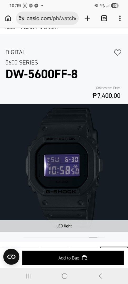 Casio G-Shock DW-5600FF-8 Digital Watch (Category: Men's Watches) located in Manila. Submitted by raymondgo06233 (Listing ID 1438707836, Image 2). Description: - Casio G-Shock DW-5600FF-8 - Shock resistant - 200m water resistance - Digital display with backlight - Functions: Stopwatch, timer, alarm - Resin band - Mineral glass - Case size: 48.9 x 42.8 x 13.4 mm - Weight: 52g.