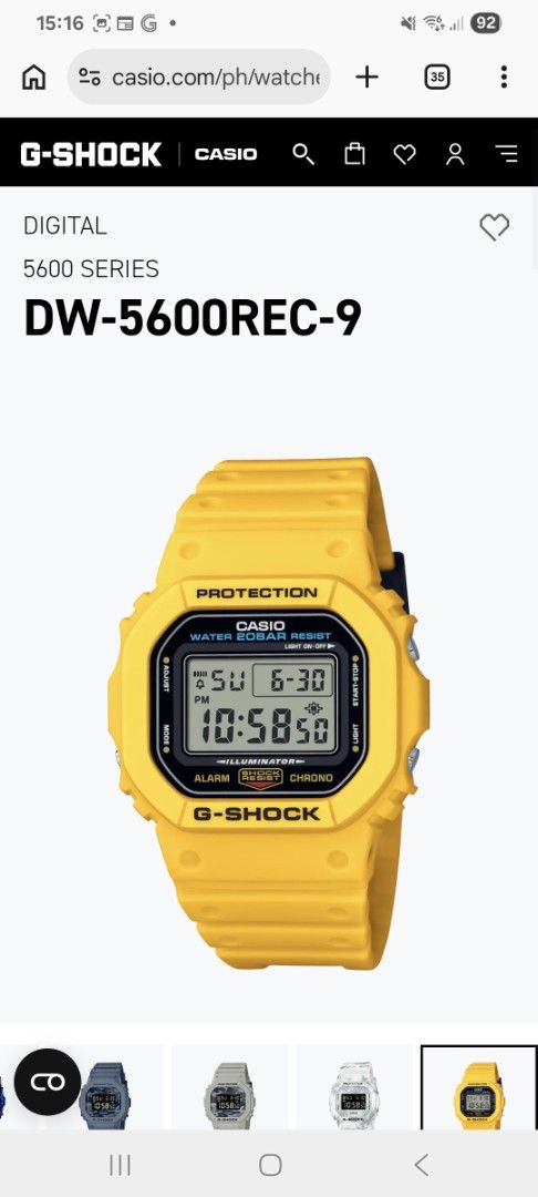 Casio G-Shock DW-5600REC-9 Digital Watch (Category: Men's Watches) located in Manila. Submitted by raymondgo06233 (Listing ID 1438758953, Image 1). Description: - Casio G-Shock DW-5600REC-9 - Yellow resin band - Shock resistant - 200-meter water resistance - Suitable for extreme sports - Stopwatch, timer, and alarm functions - Electro-luminescent backlight - Full auto-calendar - Approximately 2-year battery life.