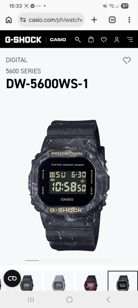 Casio G-Shock DW-5600WS-1 Digital Watch (Category: Men's Watches) located in Manila. Submitted by raymondgo06233 (Listing ID 1438763246, Image 1). Description: - Casio G-Shock DW-5600WS-1 - Shock Resistant - 200M Water Resistant - Stopwatch & Timer - Full Auto-Calendar - Electro-luminescent Backlight (Blue-Green) - Hourly Time Signal - Multi-function Alarm - Approx. 2-Year Battery Life.