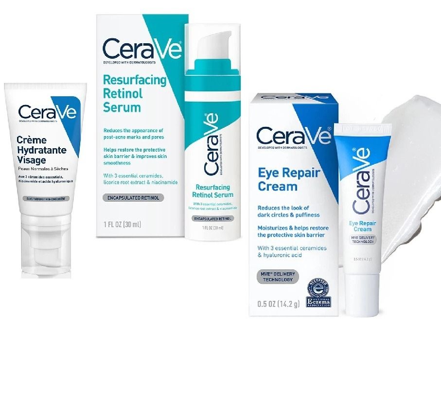 CeraVe Skincare Set (Category: Face Care) located in Quezon City. Submitted by tammys_random_harvest (Listing ID 1438786702, Image 1). Description: All are unopened and stored in cooler in an air-conditioned room. For full product details, kindly check the links below: 1. CeraVe AM Moisturizing Face Cream Exp: 12M after opening https://www.cerave.fr/nos-produits/hydratants/creme-hydratante-visage 2. CeraVe Resurfacing Retinol Serum 30ml Exp: 6 mo