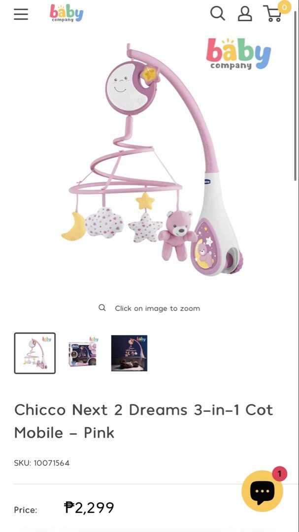 Chicco Next 2 Dreams 3-in-1 Cot Mobile - Pink (Category: Cots & Cribs) located in Manila. Submitted by sherotoninmd (Listing ID 1438726117, Image 3). Description: - Chicco Next 2 Dreams 3-in-1 Cot Mobile (Pink) - Removable musical box with 20 minutes of classical music and white noise - Features a soft night light - Includes 4 fabric hanging toys - Suitable for Chicco Next2Me cribs and wooden beds - Dimensions: 58.6 x 26.5 x 48.5 cm.