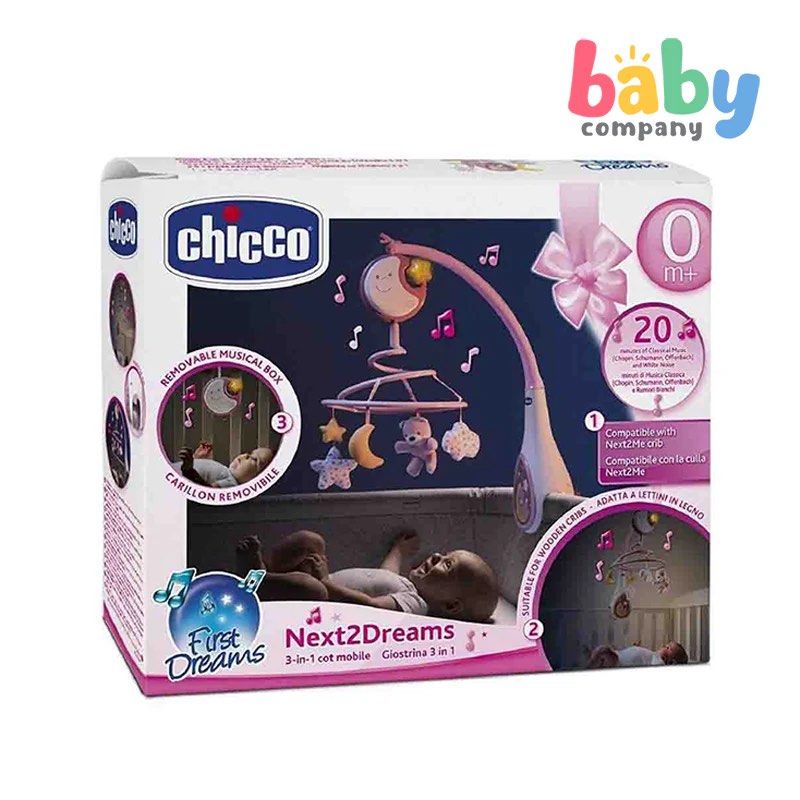 Chicco Next 2 Dreams 3-in-1 Cot Mobile - Pink (Category: Cots & Cribs) located in Manila. Submitted by sherotoninmd (Listing ID 1438726117, Image 1). Description: - Chicco Next 2 Dreams 3-in-1 Cot Mobile (Pink) - Removable musical box with 20 minutes of classical music and white noise - Features a soft night light - Includes 4 fabric hanging toys - Suitable for Chicco Next2Me cribs and wooden beds - Dimensions: 58.6 x 26.5 x 48.5 cm.