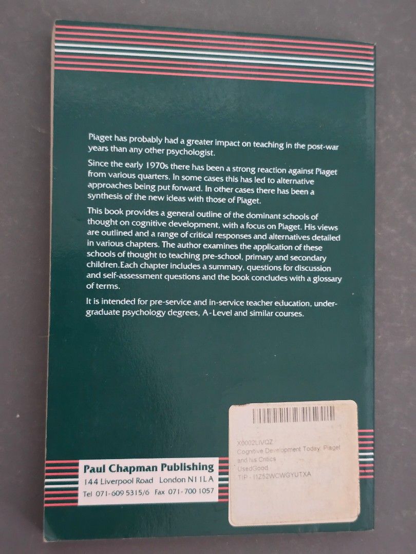Cognitive Development Today: Piaget and his Critics by Peter Sutherland (Category: Textbooks) located in Dasmarinas. Submitted by curatedreadsbykat (Listing ID 1438750139, Image 3). Description: ✨ Some pages have highlights. ✨ Secondhand ✨ This is a preloved copy so kindly manage your expectations. May have flaws like dents, tanning, foxing, writings, etc. ✨ Kindly swipe left on the picture section of the listing to see the condition of the book.
