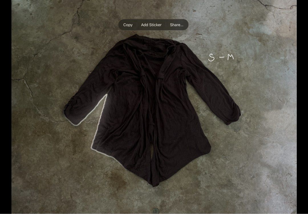 Cottage core y2k Brown Cardigan (Category: Coats, Jackets and Outerwear) located in San Pablo. Submitted by rushnthrift (Listing ID 1438739753, Image 2). Description: - Brown hooded cardigan - Size: S-M - Long sleeves - Asymmetrical hemline - Open front design - Made of soft, draping fabric.