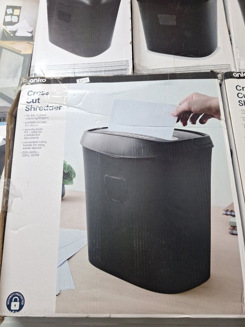 Cross Cut Shredder (Category: Office & Business Technology) located in Muntinlupa City. Submitted by shopandsaveau (Listing ID 1438781413, Image 1). Description: 13L bin, 5 sheet capacity (80gsm) confetti cut size 5 x 35mm security level: P3 - ideal for confidential documents convenient carry handle for easy waste disposal 220v, 265 watts.