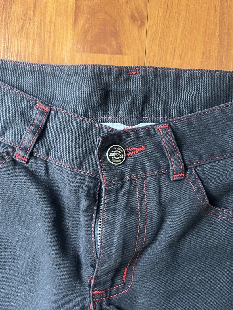 Dickies Black Flare Bootcut Pants with Red Contrast Stitching (Category: Jeans) located in Lipa City. Submitted by alexcollectionco (Listing ID 1438832499, Image 3). Description: Vintage Dickies black flare pants featuring striking red contrast stitching and a classic bootcut silhouette. These low-to-mid rise archival utility trousers perfectly channel the Y2K cyber grunge and indie sleaze aesthetic. Key Features • Brand: Dickies • Color: Faded b
