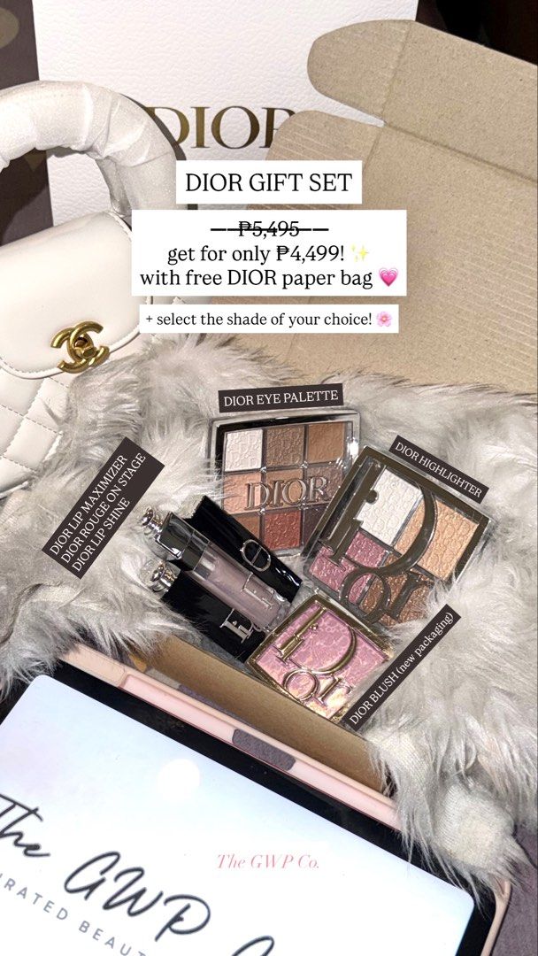 DIOR GIFT SET (Category: Makeup) located in Manila. Submitted by thegwpco (Listing ID 1438702706, Image 1). Description: DIOR GIFT SET #1 select the shade of your choice! complete set with paper bag 💓🌸 backstage highlighter, backstage eye palette, addict lip shine, rouge on stage lipstick, lip maximizer, dior paper bag.
