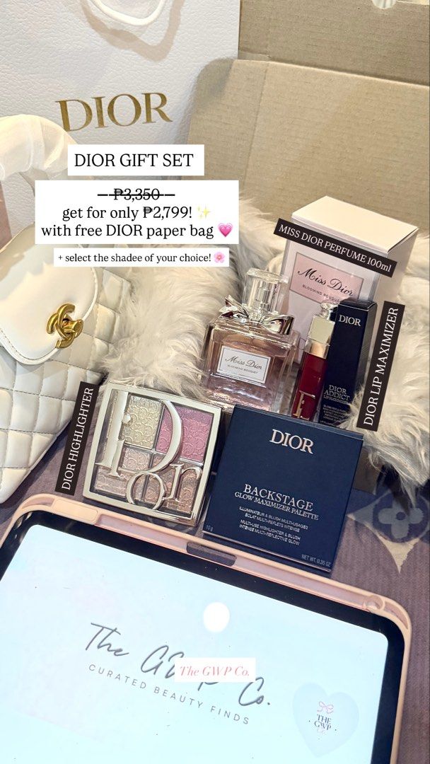 DIOR GIFT SET (Category: Makeup) located in Manila. Submitted by thegwpco (Listing ID 1438702960, Image 1). Description: DIOR GIFT SET #1 select the shade of your choice! complete set with paper bag 💓🌸 miss dior perfume, dior lip maximizer, dior highlighter, dior paper bag.