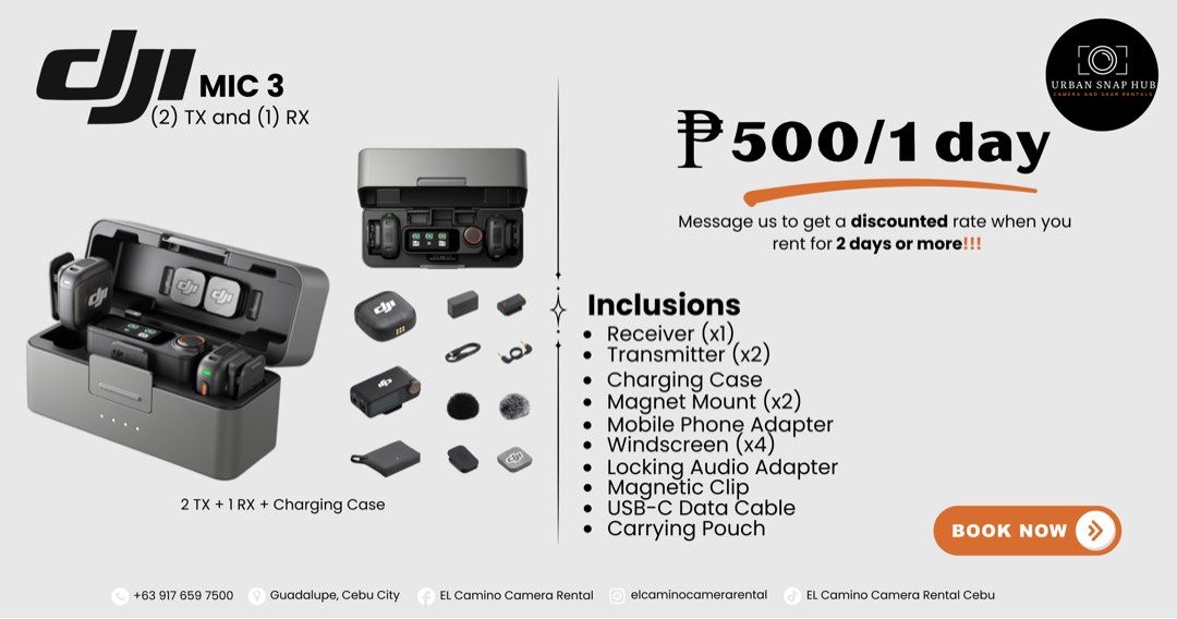 DJI Mic 3 (Category: Microphones) located in Cebu City. Submitted by urbansnaphub (Listing ID 1438783731, Image 1). Description: For rent: DJI Mic 3 (Full Bundle) You can also follow our facebook page “Urban Snap Hub Camera and Gear Rentals”. 📍Guadalupe, Cebu City 📞 +63 917 659 7500.