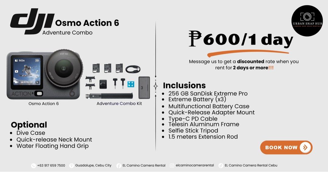 DJI Osmo Action 6 For Rent! (Category: Cameras) located in Cebu City. Submitted by urbansnaphub (Listing ID 1438781497, Image 1). Description: For Rent: DJI Osmo Action 6 (Adventure Combo) You can also follow our facebook page “Urban Snap Hub Camera and Gear Rentals”..