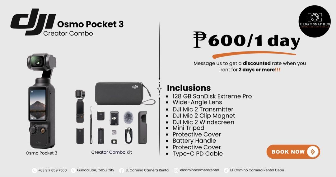 DJI Osmo Pocket 3 (Category: Cameras) located in Cebu City. Submitted by urbansnaphub (Listing ID 1438782265, Image 1). Description: For rent: DJI Osmo Pocket 3 (Creator Combo) You can also follow our facebook page “Urban Snap Hub Camera and Gear Rentals”. 📍Guadalupe, Cebu City 📞 +63 917 659 7500.