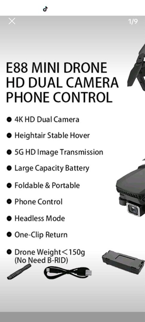E88 Mini Drone HD Dual Camera (Category: Drones) located in Singapore. Submitted by silentphoenix-75c0 (Listing ID 1438816510, Image 3). Description: - E88 Mini Drone with dual 4K HD cameras - Stable hover function - 5G HD image transmission - Long-lasting, large capacity battery - Foldable and portable design - Phone control - Headless mode for easy flying - One-clip return feature - Lightweight: under 150g.