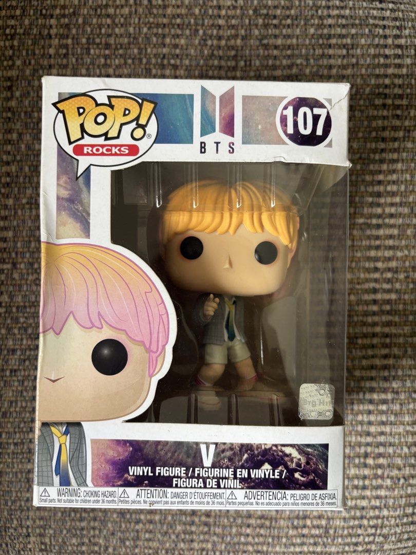 Funko Pop! Rocks BTS V Figure #107 (Category: Designer & Blind Box Toys) located in San Mateo. Submitted by sheabttrs (Listing ID 1438746703, Image 1). Description: - Funko Pop! Rocks figure of BTS member V (No. 107). - Vinyl figure. - Comes in original packaging. - Box has minor damage on one corner..