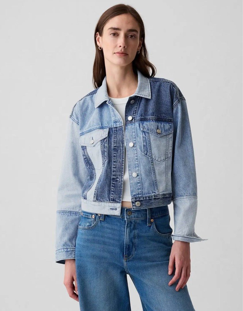 GAP Denim Patchwork Jacket (Category: Coats, Jackets and Outerwear) located in Kuala Lumpur. Submitted by farrah_ai (Listing ID 1438840376, Image 2). Description: GAP denim jacket with unique patchwork design. Cropped style, button-up front, and chest pockets. Stylish and versatile..