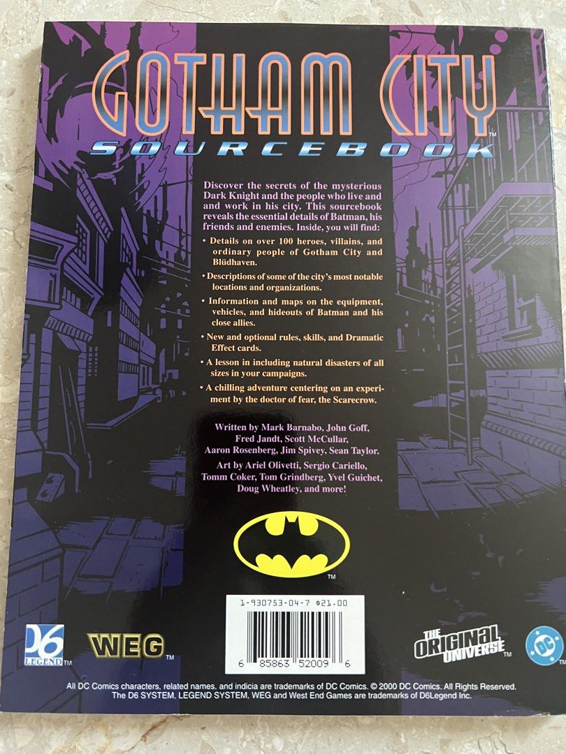Gotham City Sourcebook D6 RPG (Category: Toys & Games) located in Singapore. Submitted by vshern (Listing ID 1438760260, Image 2). Description: - Gotham City Sourcebook for the D6 System RPG. - Features details on heroes, villains, locations, and organizations. - Includes maps and equipment information. - Contains adventure scenarios. - Published by West End Games..