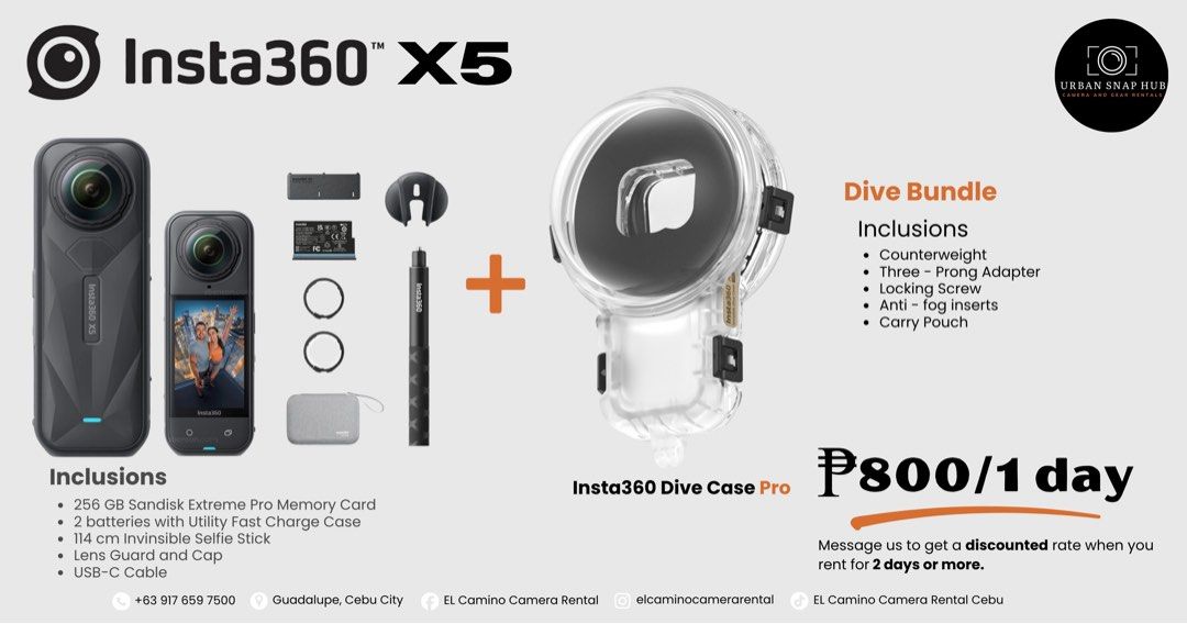 Insta360 X5 For Rent! (Category: Cameras) located in Manila. Submitted by urbansnaphub (Listing ID 1438774850, Image 2). Description: For rent: Insta360 X5 (Essentials Bundle and Diving Bundle) You can also follow our facebook page “Urban Snap Hub Camera and Gear Rentals”. 📍Guadalupe, Cebu City 📞 +63 917 659 7500.