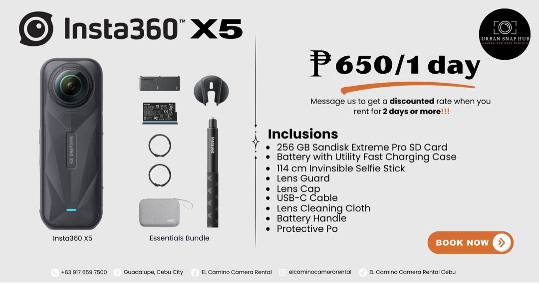 Insta360 X5 For Rent! (Category: Cameras) located in Manila. Submitted by urbansnaphub (Listing ID 1438774850, Image 1). Description: For rent: Insta360 X5 (Essentials Bundle and Diving Bundle) You can also follow our facebook page “Urban Snap Hub Camera and Gear Rentals”. 📍Guadalupe, Cebu City 📞 +63 917 659 7500.