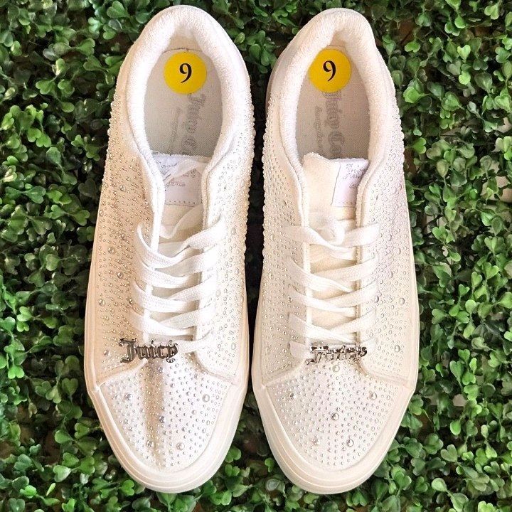 Juicy Couture White Sneakers Size 9 (Category: Sneakers) located in Imus. Submitted by mostlyvintage (Listing ID 1438801518, Image 1). Description: 🎀 white Juicy Couture sneakers embellished with silver-tone studs 🎀 🎀 includes white laces and Juicy Couture charm 🎀 🎀 no box 🎀 🎀 feel free to request to see more pictures 🎀 🌸 for fashion finds and other stuff, pls. visit my other store: https://carousell.app.link/wzOYM5gGTxb.