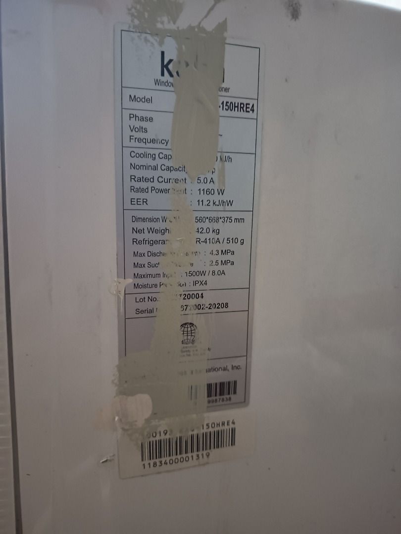Kolin Window Type Air Conditioner 1.5HP (Category: Air Conditioning and Heating) located in Pasig City. Submitted by ta.ccc (Listing ID 1438875851, Image 3). Description: - Kolin Window Type Air Conditioner - 1.5 HP with Remote Control - Cooling Capacity: 13,000 kj/h - Rated Current: 5.8A - Rated Power Input: 1,160 W - Refrigerant: R410A - Dimensions: 560 x 668 x 375 mm - Washable Filter - High-Quality Motor.