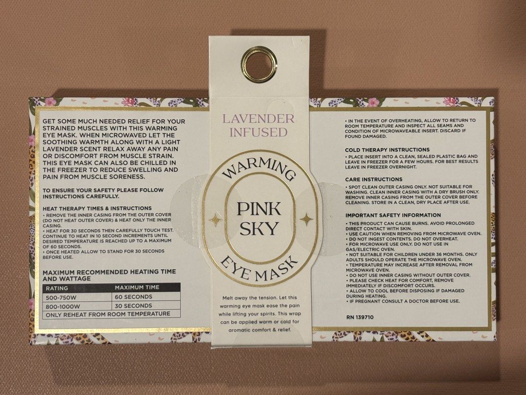 Lavender Infused Warming Pink Sky Eye Mask (Category: Face Care) located in Pasig City. Submitted by shopgirl101 (Listing ID 1438736766, Image 2). Description: - Lavender-infused warming eye mask - Provides soothing warmth when microwaved - Can be chilled in the freezer for a cooling effect - Helps ease pain and discomfort - Includes heat and cold therapy instructions RFS: decluttering Price slightly negotiable. MOP: Gcash, bank transfer SF to be