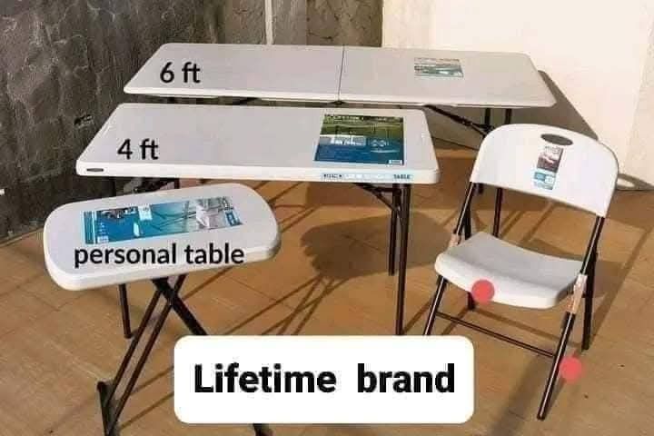 Lifetime Table Lifetime Chair (Category: Tables & Sets) located in Manila. Submitted by redonlineshop (Listing ID 1438839687, Image 1). Description: LIFETIME TABLE 2ft ₱1,200 4ft ₱1,900 6ft ₱2,650 LIFETIME CHAIR ₱1300 ON HAND BRAND NEW Accept Gcash payment/COD Same day delivery + Delivery Fee.