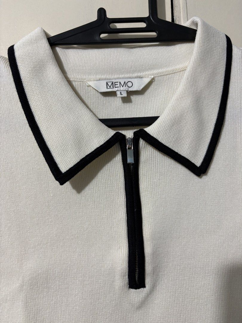 Memo White Polo Top with Black Trim Large (Category: Blouses) located in Caloocan City. Submitted by mommyk2026 (Listing ID 1438786473, Image 2). Description: Memo White Polo Top with Black Trim Large Polo shirt / blouse Collared neckline, zipper closure, short sleeves Knitted Office / Casual / Semi-formal / Business Attire Preloved, used 3x only Negotiable RFS: Decluttering Payment via Gcash/ Online bank transfer Shipped from South Caloocan Ship