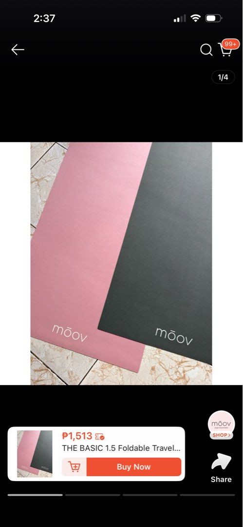 Moov The Basic 1.5 Foldable Travel Yoga Mat (Category: Exercise Mats) located in Lapu-Lapu City. Submitted by elanaelorabel (Listing ID 1438751532, Image 2). Description: - Moov The Basic 1.5 Foldable Travel Yoga Mat - Color: Pink - Condition: Clean - Features: Foldable design for travel convenience - RFS: bought a new mat 🥰.