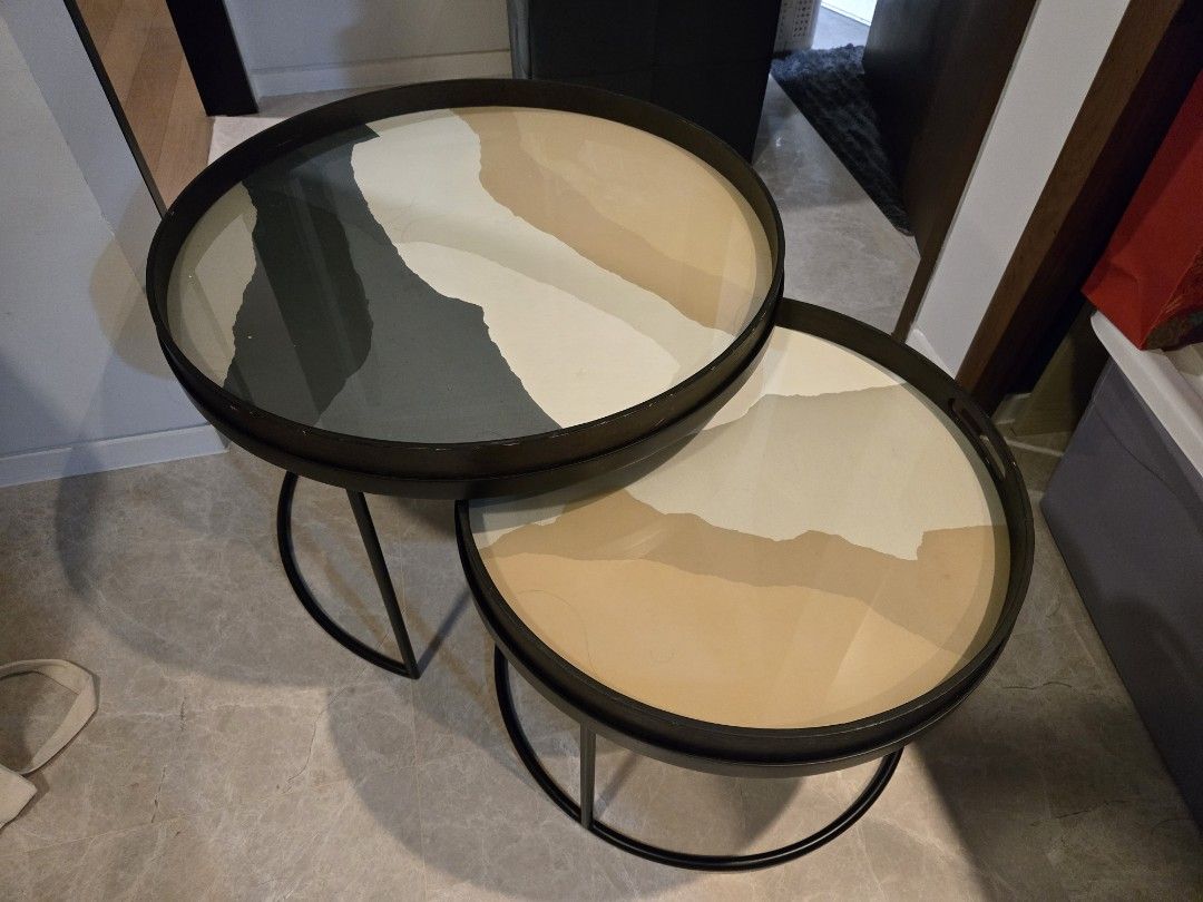 Nested Coffee Table Set (Category: Tables & Sets) located in Singapore. Submitted by nyonyakebaya (Listing ID 1438842287, Image 1). Description: - Soul & Table (Ethnicraft) - Sand and green Large 24 in x 16.5 in Small 19 in x 13.5 in.