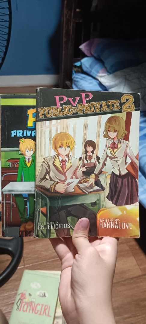PvP Public vs Private Manga (Bundle) (Category: Comics & Manga) located in Quezon City. Submitted by piptea (Listing ID 1438740633, Image 1). Description: - PvP Public vs Private manga books - Written by Hannalove, cover illustrated by Enjelicious - includes book 1 and book 2 - a bit dusty, has some small creases on the cover.