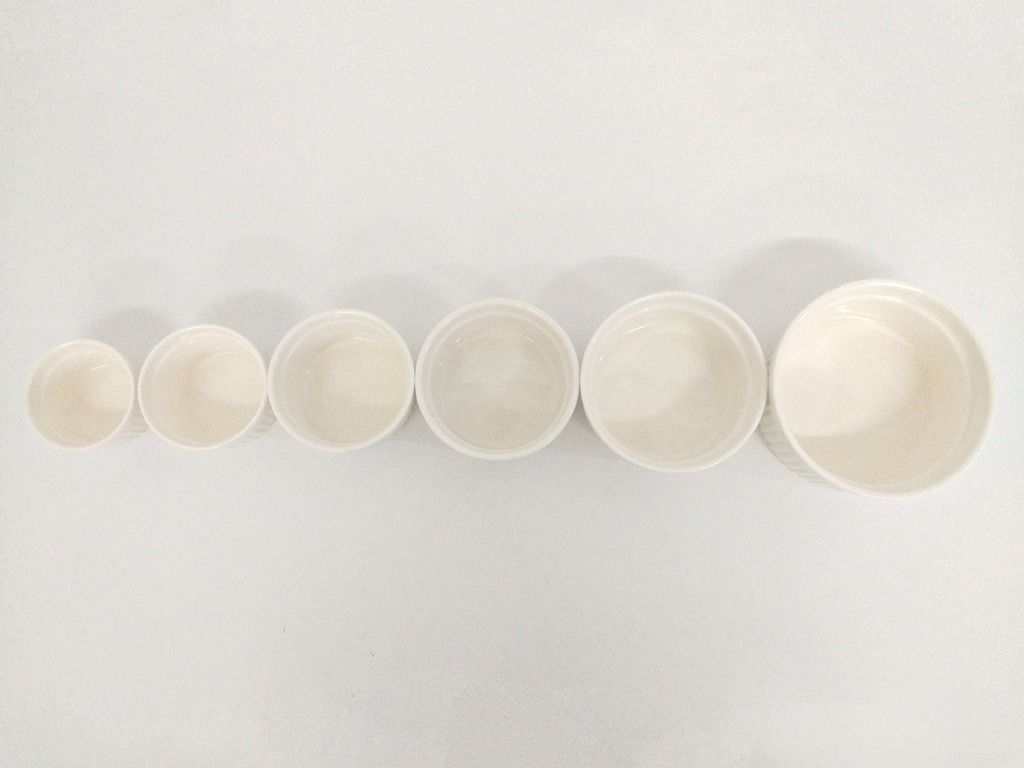 Ramekin Ceramic Souffle Cup Bowl 7 Sizes (Category: Bakeware) located in Quezon City. Submitted by inter_active_megawares (Listing ID 1438746059, Image 2). Description: Ramekin Ceramic Souffle Cup Bowl 7 Sizes IA2602-010 - Extra Extra Small Price: P25.00 Weight: 70g Diameter: 6.3cm Height: 3.8cm Volume: 60ml Capacity IA2602-006 - Extra Small Price: P30.00 Weight: 85g Diameter: 7cm Height: 4.1cm Volume: 80ml Capacity IA2404-271 - Small Price: P35.
