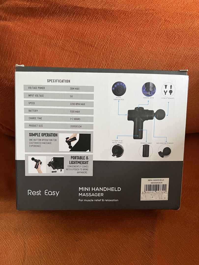 Rest Easy Mini Handheld Massager (Category: Massage Devices) located in Manila. Submitted by pau_only (Listing ID 1438743367, Image 2). Description: Rest Easy Mini Handheld Massager is designed for muscle relief and relaxation. It features a 3200 RPM speed and comes with a drawstring pouch. The massager has a 1500 mAh battery and a 1-2 hour charge time. It is portable and lightweight, with a product size of 20x16x5cm. Includes multiple attachment