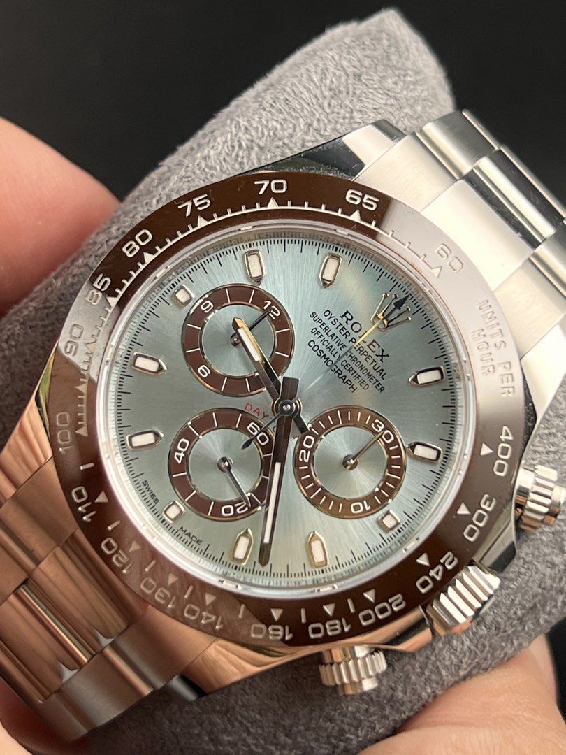 Rolex Daytona Chronograph Watch (Category: Luxury Watches) located in San Juan City. Submitted by wyflvr (Listing ID 1438847271, Image 3). Description: The crown jewel of the Daytona collection. 🧊 Rolex Cosmograph Daytona 116506 Ref. 116506 Daytona Platinum Year Model: 2018 A true statement piece crafted entirely in solid platinum, paired with Rolex’s exclusive ice blue dial and chestnut brown Cerachrom bezel — a combination reserved only for th