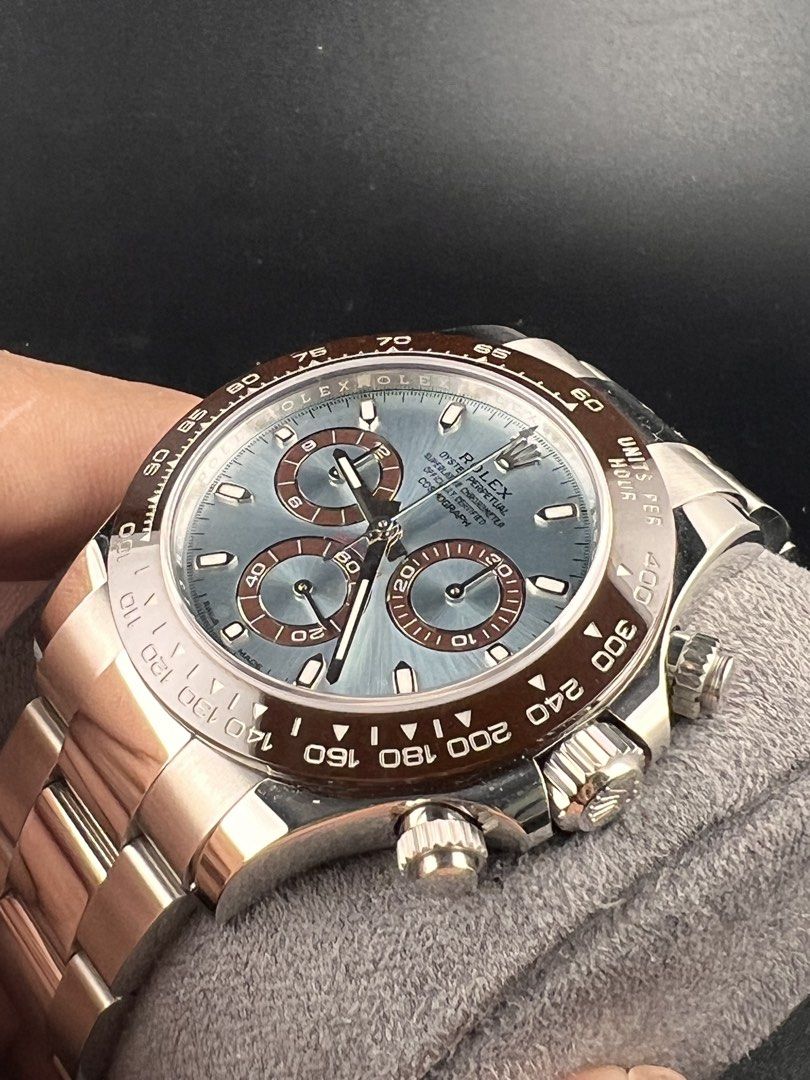 Rolex Daytona Chronograph Watch (Category: Luxury Watches) located in San Juan City. Submitted by wyflvr (Listing ID 1438847271, Image 2). Description: The crown jewel of the Daytona collection. 🧊 Rolex Cosmograph Daytona 116506 Ref. 116506 Daytona Platinum Year Model: 2018 A true statement piece crafted entirely in solid platinum, paired with Rolex’s exclusive ice blue dial and chestnut brown Cerachrom bezel — a combination reserved only for th