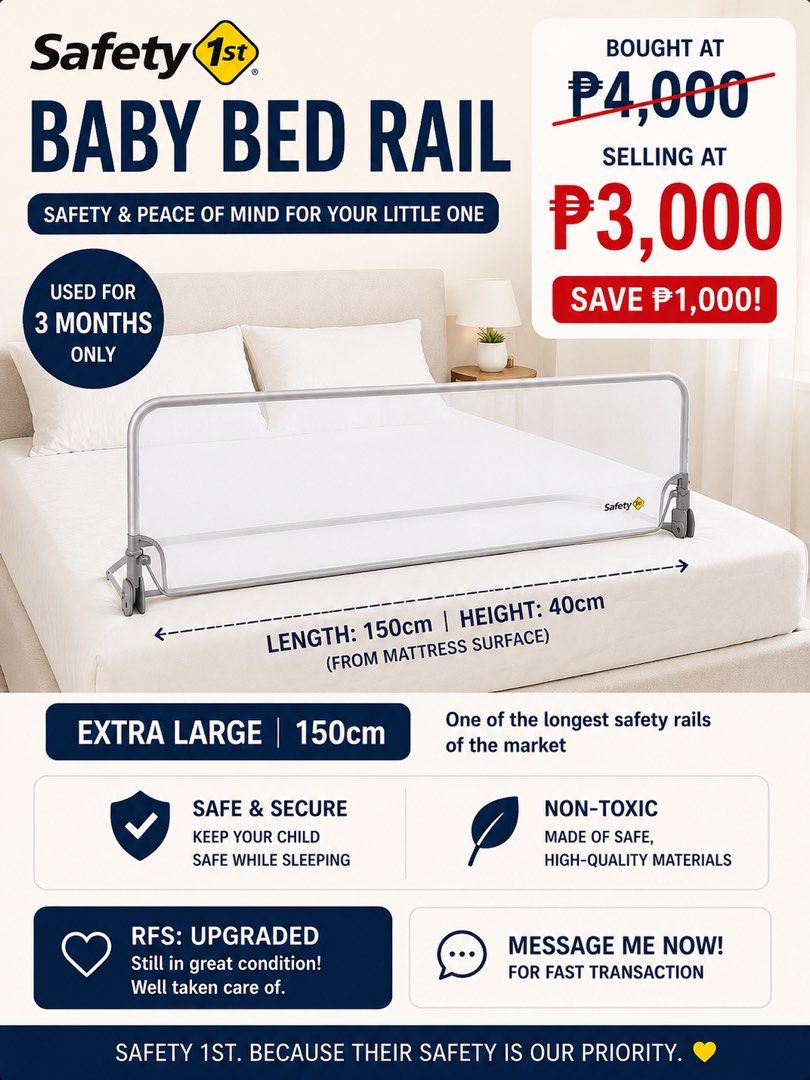 Safety 1st Extra Large Baby Bed Rail (Category: Bed Guards) located in Mandaluyong City. Submitted by fidgetcracker (Listing ID 1438847439, Image 1). Description: - Safety 1st Extra Large Baby Bed Rail (150cm) - Provides safety and peace of mind - Used for 3 months only - Selling for ₱3,000 (bought at ₱4,000) - Free delivery within Kai Garden Residences - Made of non-toxic, high-quality materials - RFS: Upgraded.