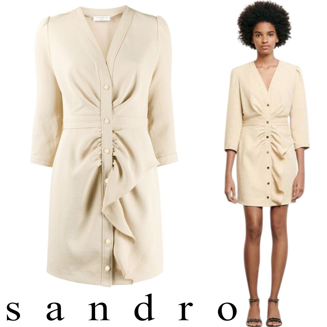 Sandro|Teana Ruched Snap-Front Mini Dress. (Category: Luxury Apparel) located in Tarlac. Submitted by literallyhandpicked (Listing ID 1438760361, Image 1). Description: •Literally Handpicked for you❤️ •Direct Message if Interested 💌 •Please feel free to make an offer🤝 Size 38 on Tag Bust size 38" Waistline 29" Dress Lenght 32" •Please note that there may be slight errors as measurements are taken with the item laid flat. It is in very good cond