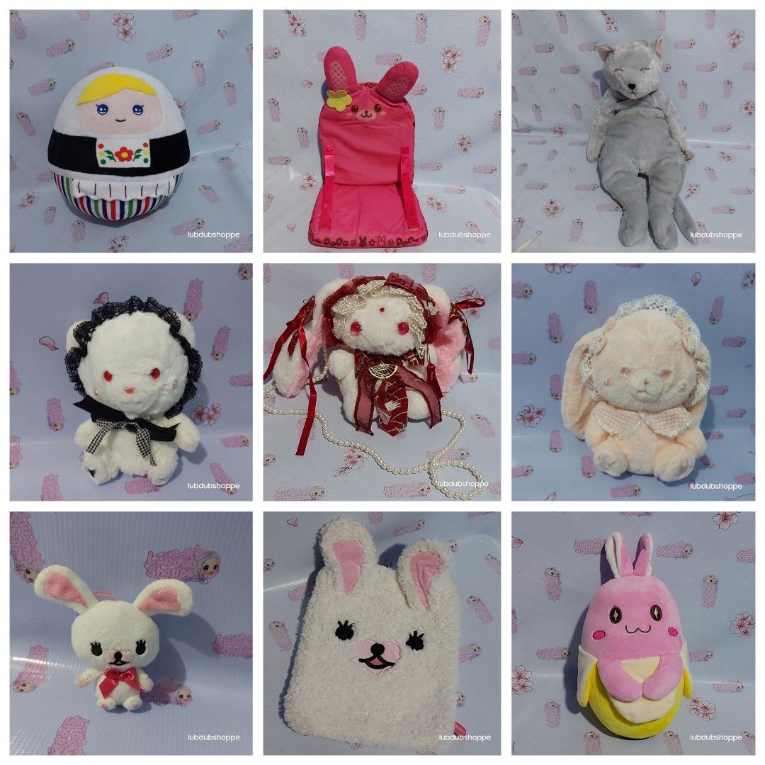 🌸SET SALE🌸 Bananya Usagi Banana Bunny + Russian Matryoshka Lapad Girl Doll + FANS Goodnight Meow Sleeping Gray Cat + Mofy the Rabbit IPAD Pouch Case + Popo Chan Sofa Bed Chair + Lolita Teddy Bear Sling Bag — Cute Animal Mascot Plush Stuffed Toys (Category: Toys & Games) located in Apalit. Submitted by lubdubshoppe (Listing ID 1438765267, Image 1). Description: The original price for the set is PHP 5,161; and items can be sold separately. You ma