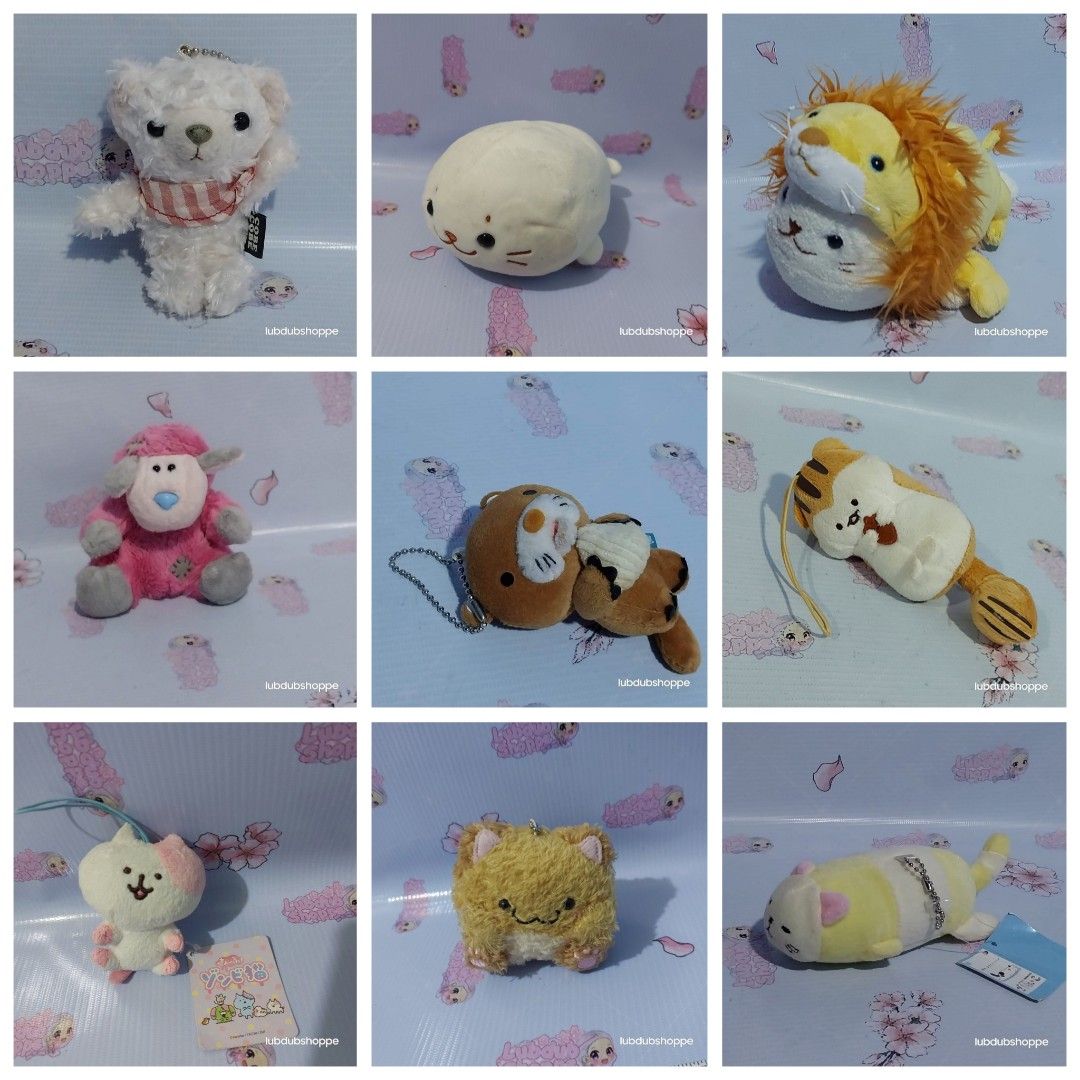 🌸SET SALE🌸 Peanuts Club Sea Otter + Kuu Sou Sui Zoku Kan + My Blue Nose Friends Frizzie the Pink Lamb + Cobe Cobe Teddy Bear + Sirotan Young Harp Seal Lion + Kyofu Zombie Neko Goronekko Nap Cat Maruneko — Cute Animal Mascot Plush Bag Charm Stuffed Toys (Category: Toys & Games) located in Apalit. Submitted by lubdubshoppe (Listing ID 1438788936, Image 1). Description: The original price for the set is PHP 3,411; and items can be sold separately.