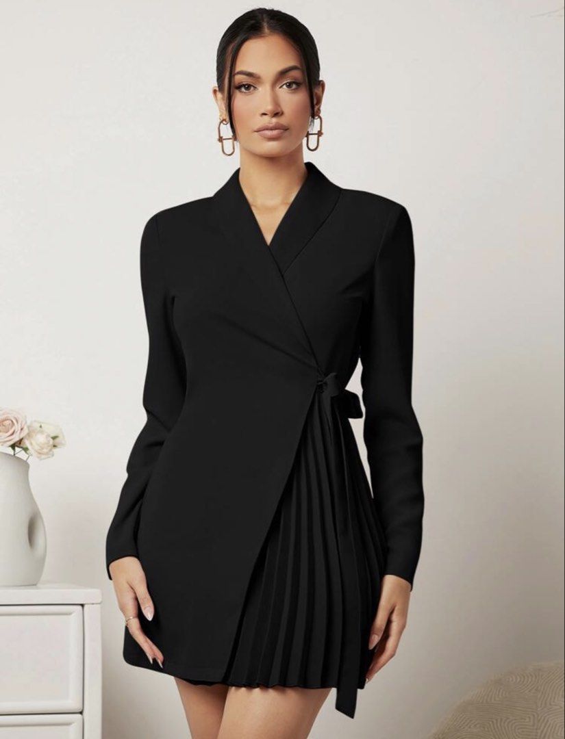 Shein Black Blazer Dress (Category: Dresses) located in Quezon City. Submitted by sashiimii1720 (Listing ID 1438798580, Image 3). Description: - Shein black blazer dress - Wrap-style front with tie closure - Pleated skirt detail - Long sleeves - Used once for an event.