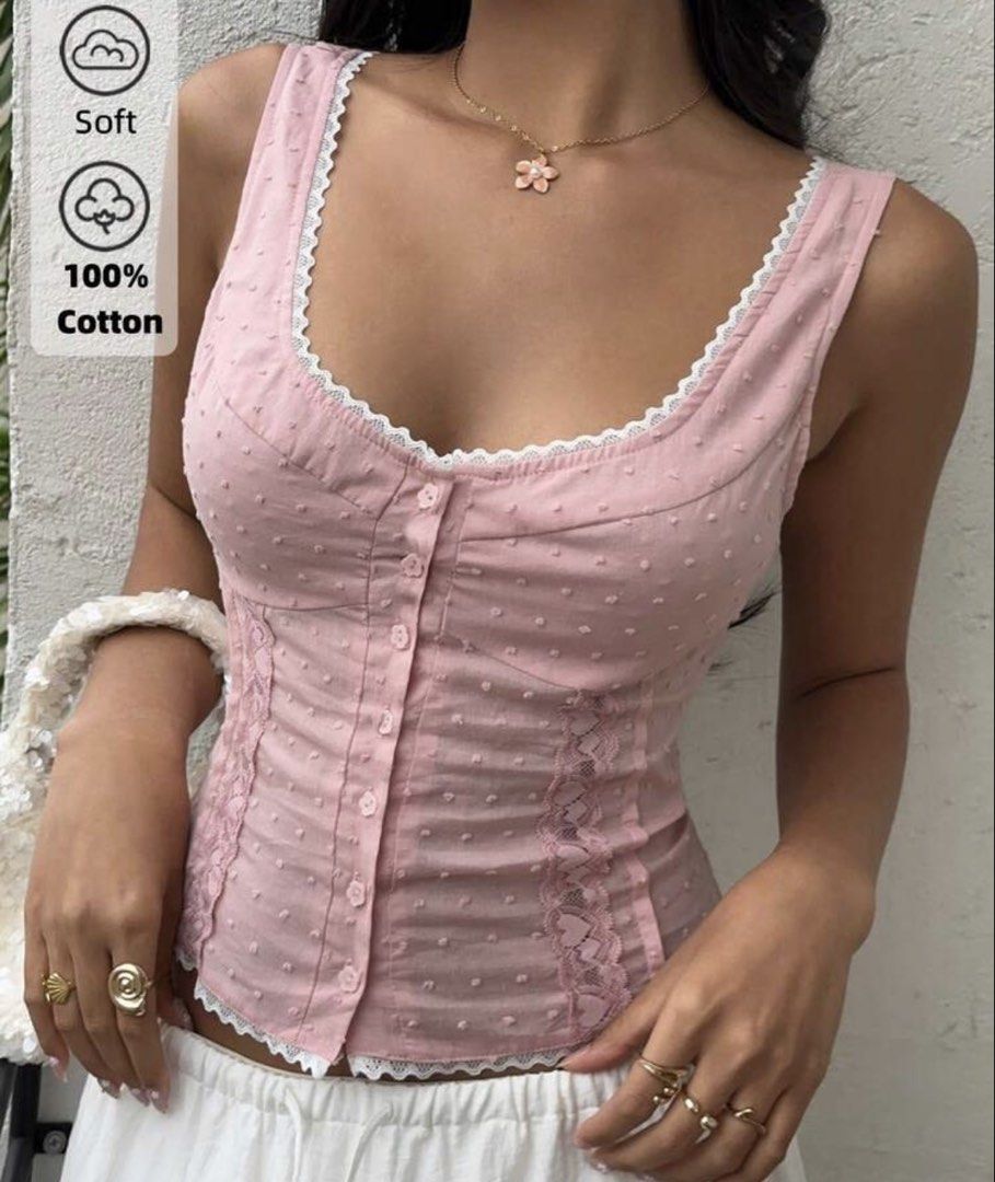 SHEIN Pink Lace Trimmed Top (Category: Sleeveless) located in Quezon City. Submitted by biuesides (Listing ID 1438804180, Image 1). Description: - Pink top with lace trim - Size S - Button-up front - Fitted silhouette with shirred back - Soft, breathable 100% cotton - Ideal for warm weather.